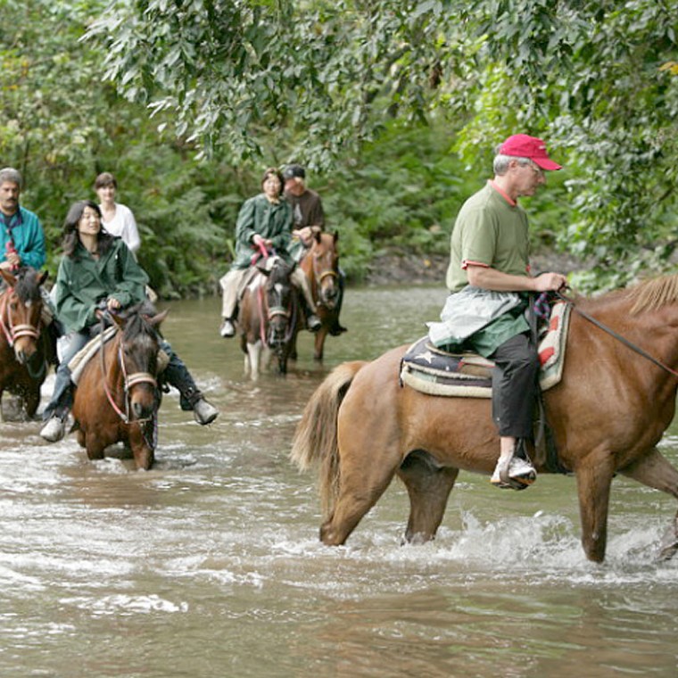A group rides horses through a river crossing