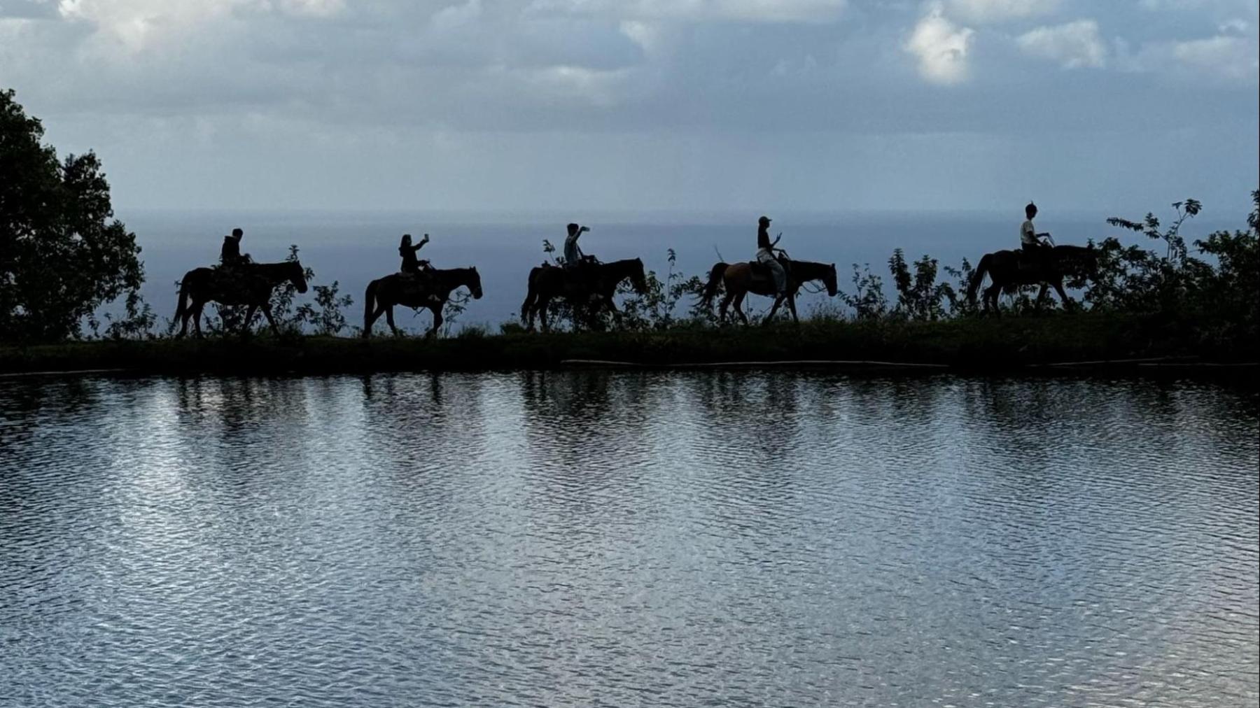 Silhouetted riders on horseback near a reflective water surface with a cloudy sky.