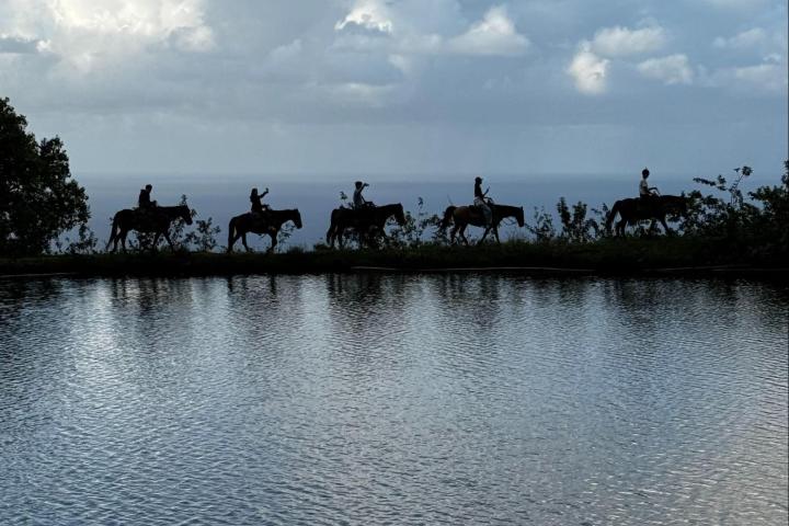 Silhouetted riders on horseback near a reflective water surface with a cloudy sky.