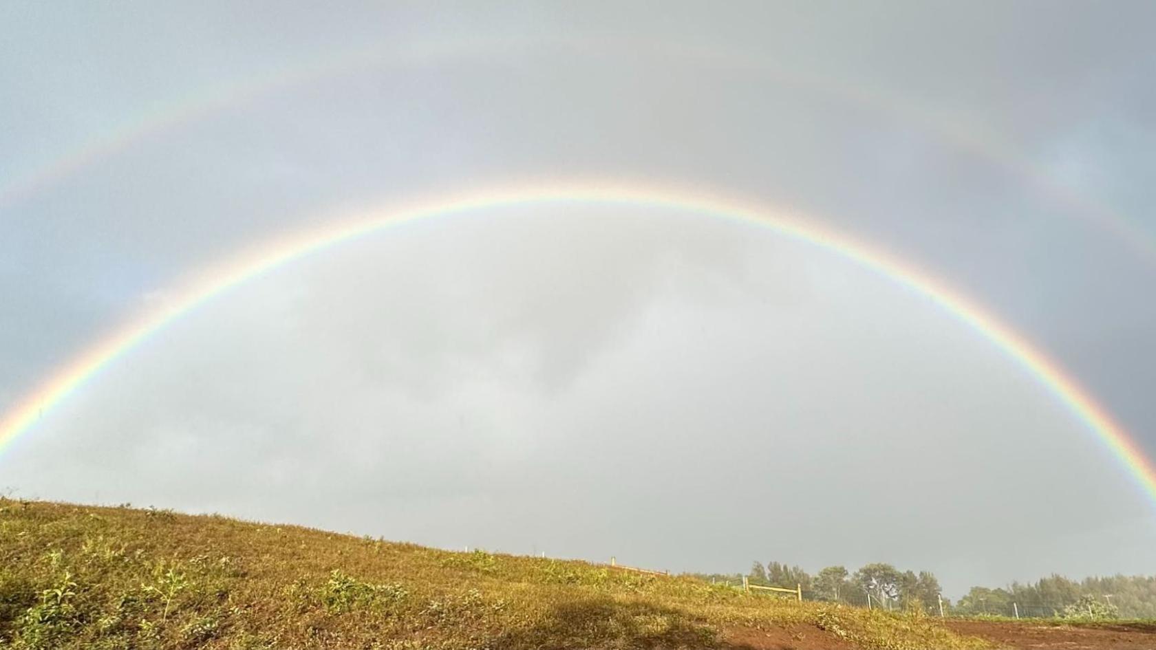 Double rainbow over a grassy hill under a cloudy sky.