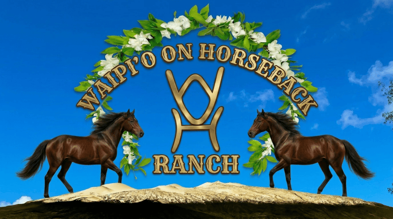 Waipi'o On Horseback Ranch sign with two horses and flowers.